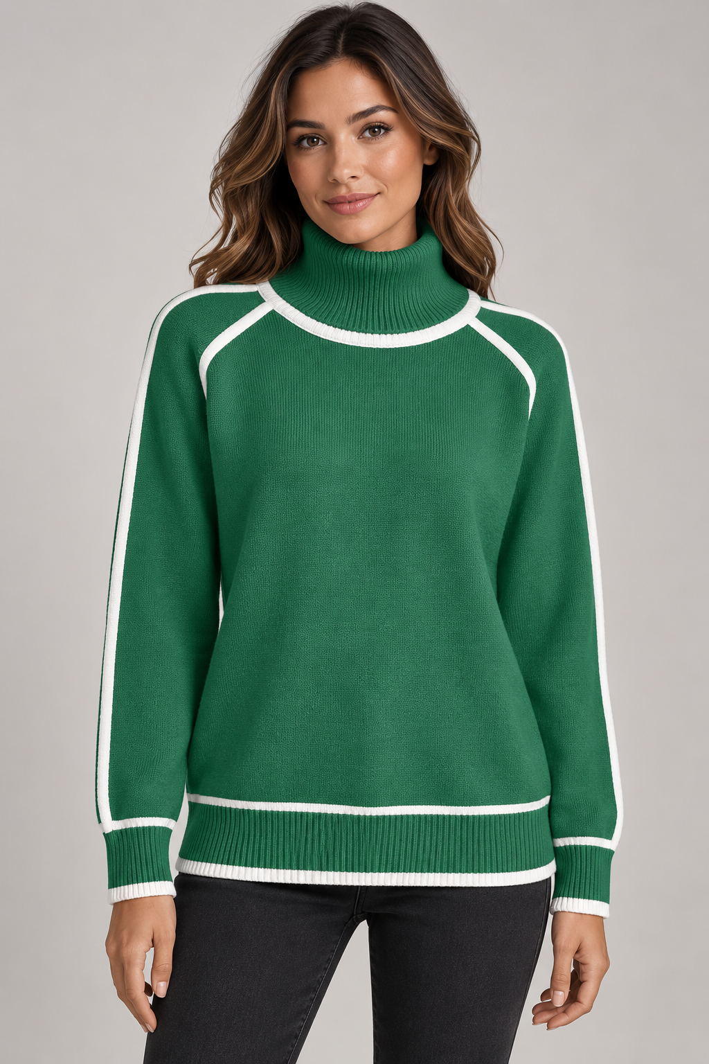 Women's Contrast-Trim Turtleneck Sweater — Green studio hero