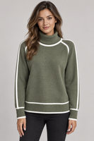 Women's Contrast-Trim Turtleneck Sweater — Military Green studio hero