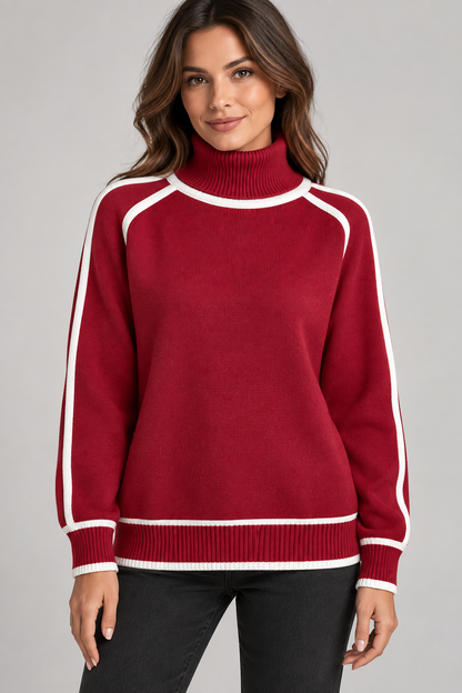 Women's Contrast-Trim Turtleneck Sweater — Red studio hero