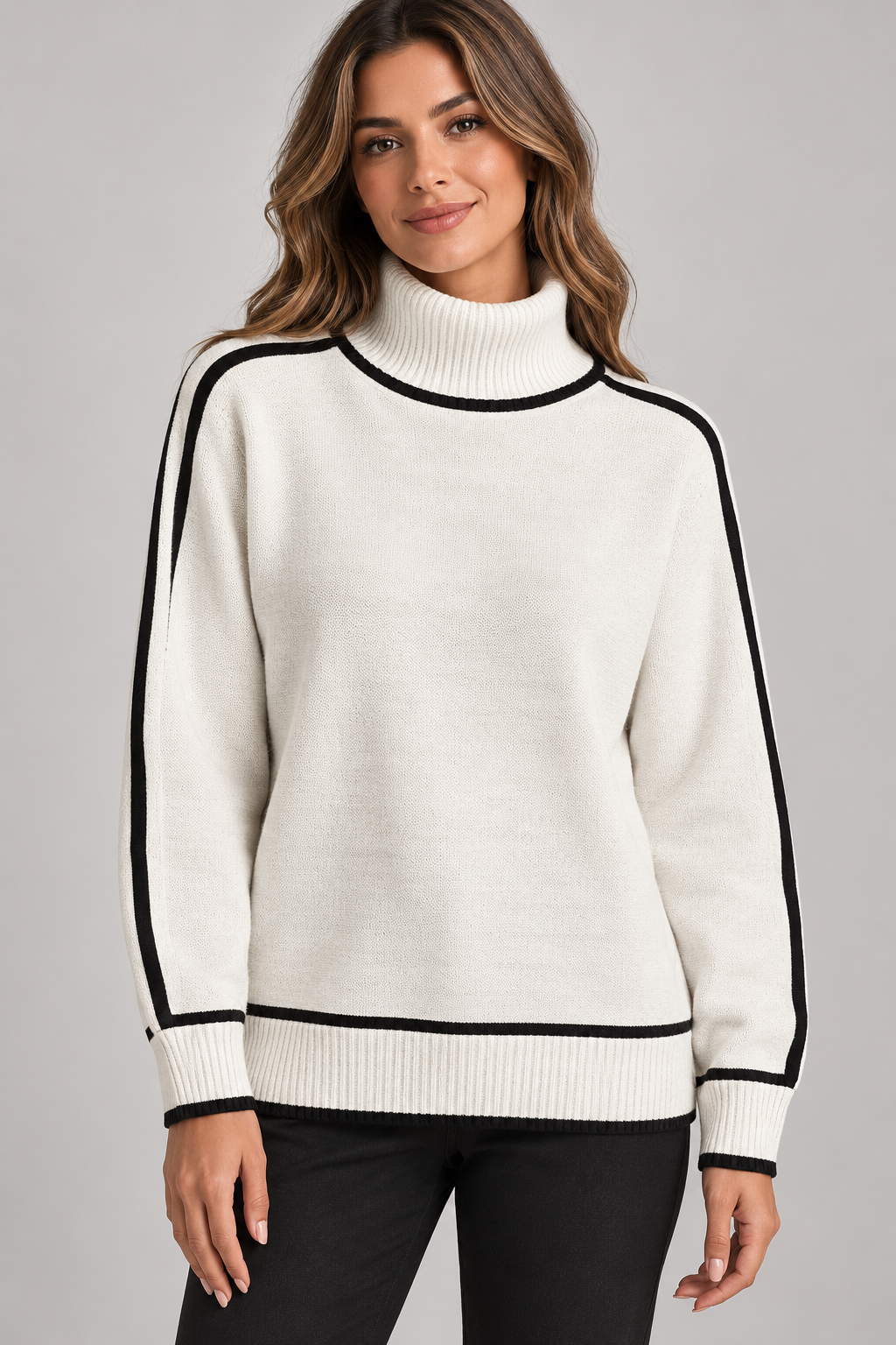 Women's Contrast-Trim Turtleneck Sweater — White studio hero