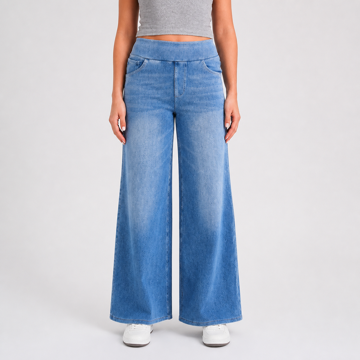 High-waist wide-leg jeans in Light Blue distressed wash