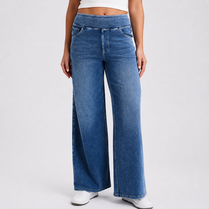 High-waist wide-leg jeans in Medium Blue distressed wash