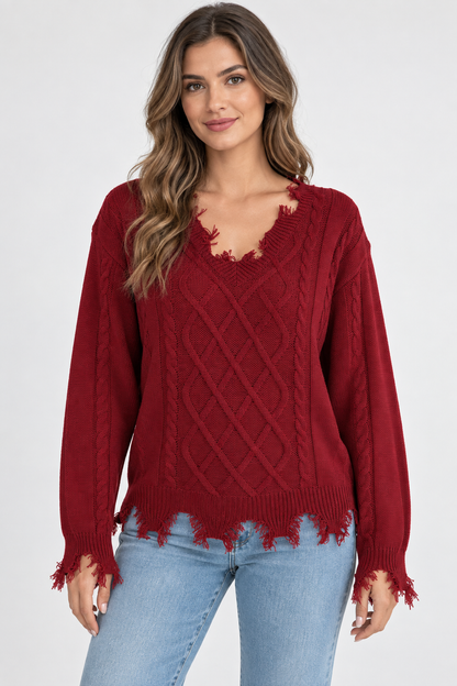 AuraX studio photo of Women's Distressed V-Neck Cable-Knit Sweater in Burgundy