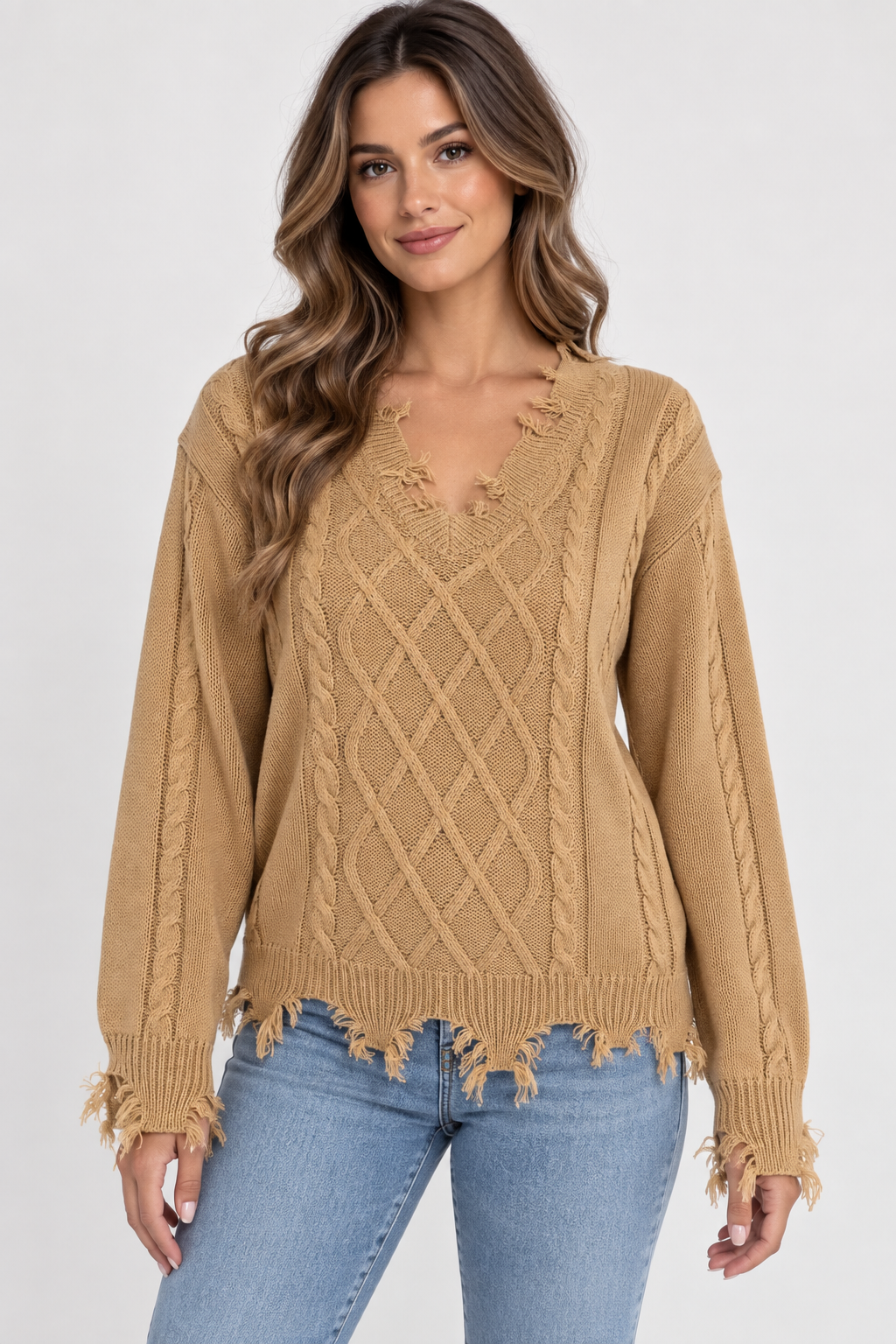 AuraX studio photo of Women's Distressed V-Neck Cable-Knit Sweater in Camel