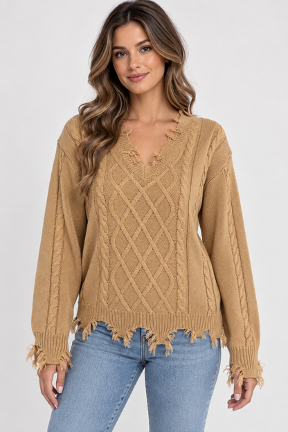 AuraX studio photo of Women's Distressed V-Neck Cable-Knit Sweater in Camel