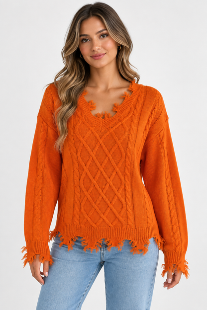 AuraX studio photo of Women's Distressed V-Neck Cable-Knit Sweater in Orange