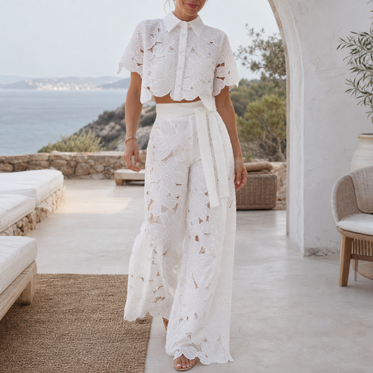 AuraX women's floral cutout crop top and wide-leg pants set — white lifestyle