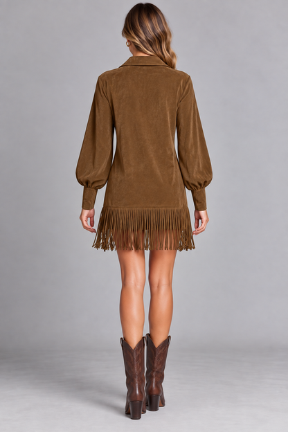 Women’s Fringed Lantern-Sleeve Dress in Brown — back studio view