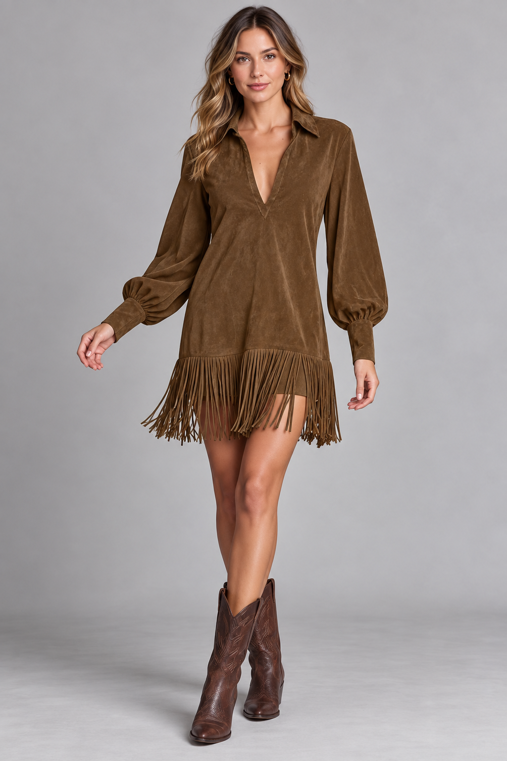 Women’s Fringed Lantern-Sleeve Dress in Brown — front studio view