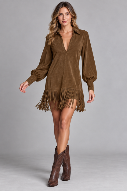 Women’s Fringed Lantern-Sleeve Dress in Brown — front studio view