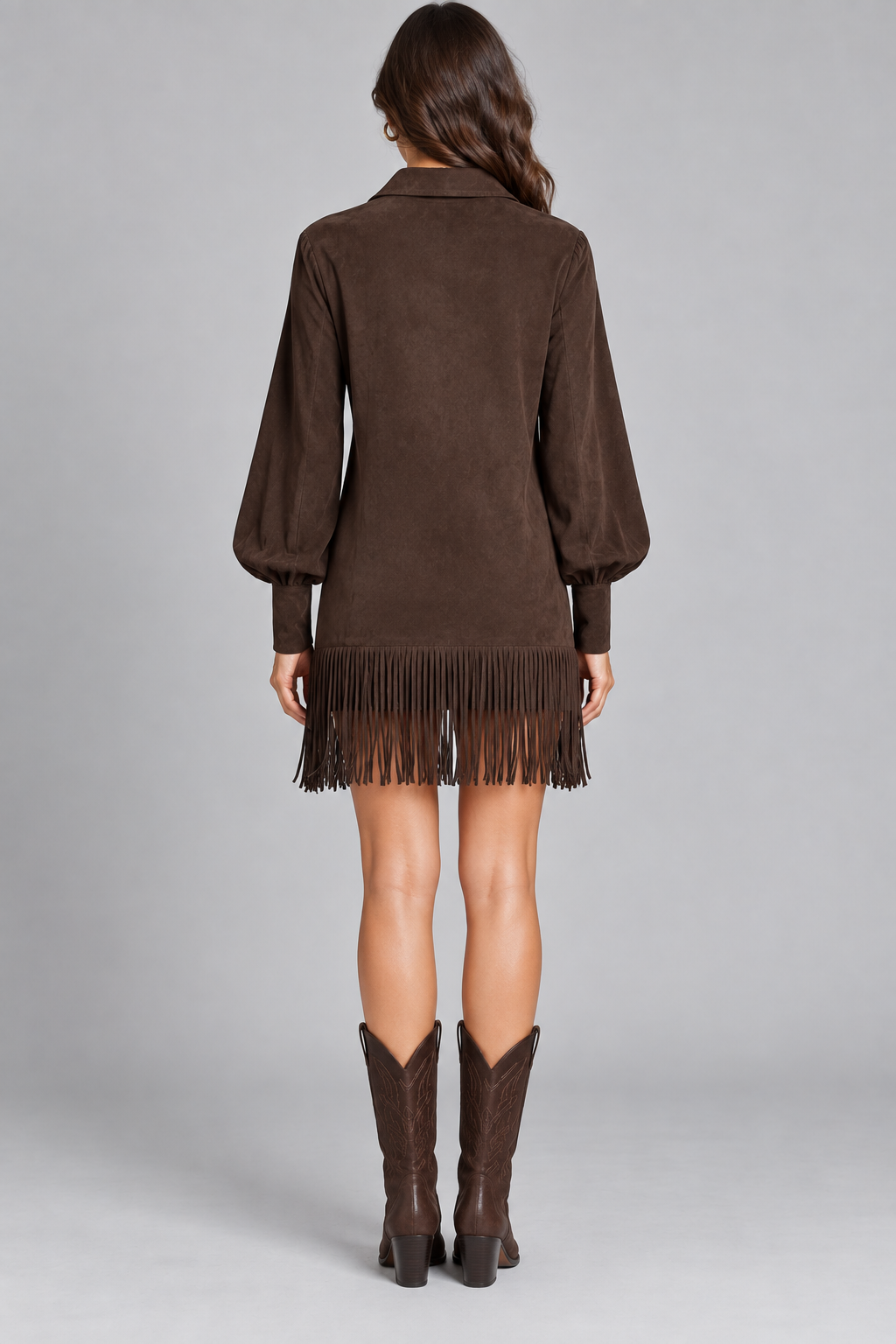 Women’s Fringed Lantern-Sleeve Dress in Coffee Brown — back studio view