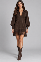 Women’s Fringed Lantern-Sleeve Dress in Coffee Brown — front studio view