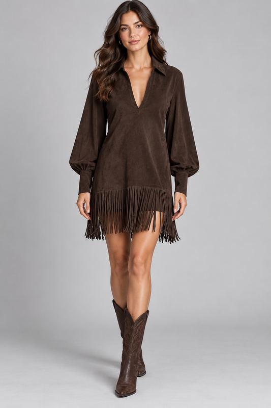 Women’s Fringed Lantern-Sleeve Dress in Coffee Brown — front studio view
