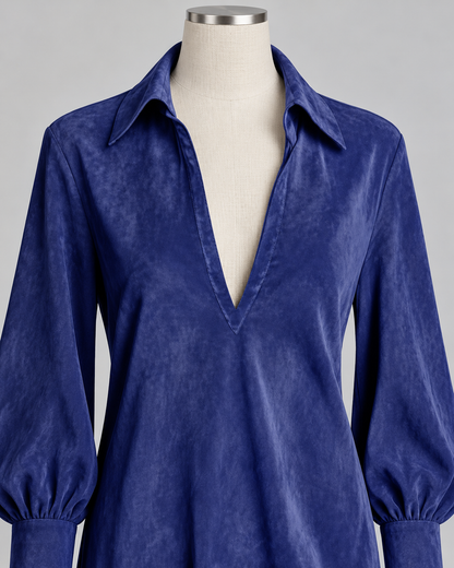 Women’s Fringed Lantern-Sleeve Dress — pointed collar and V-neckline detail