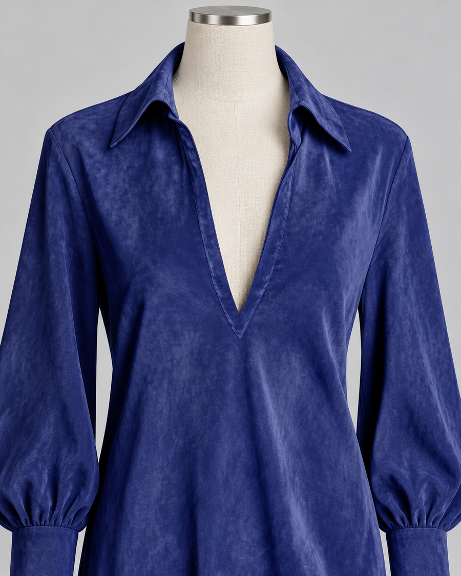 Women’s Fringed Lantern-Sleeve Dress — pointed collar and V-neckline detail