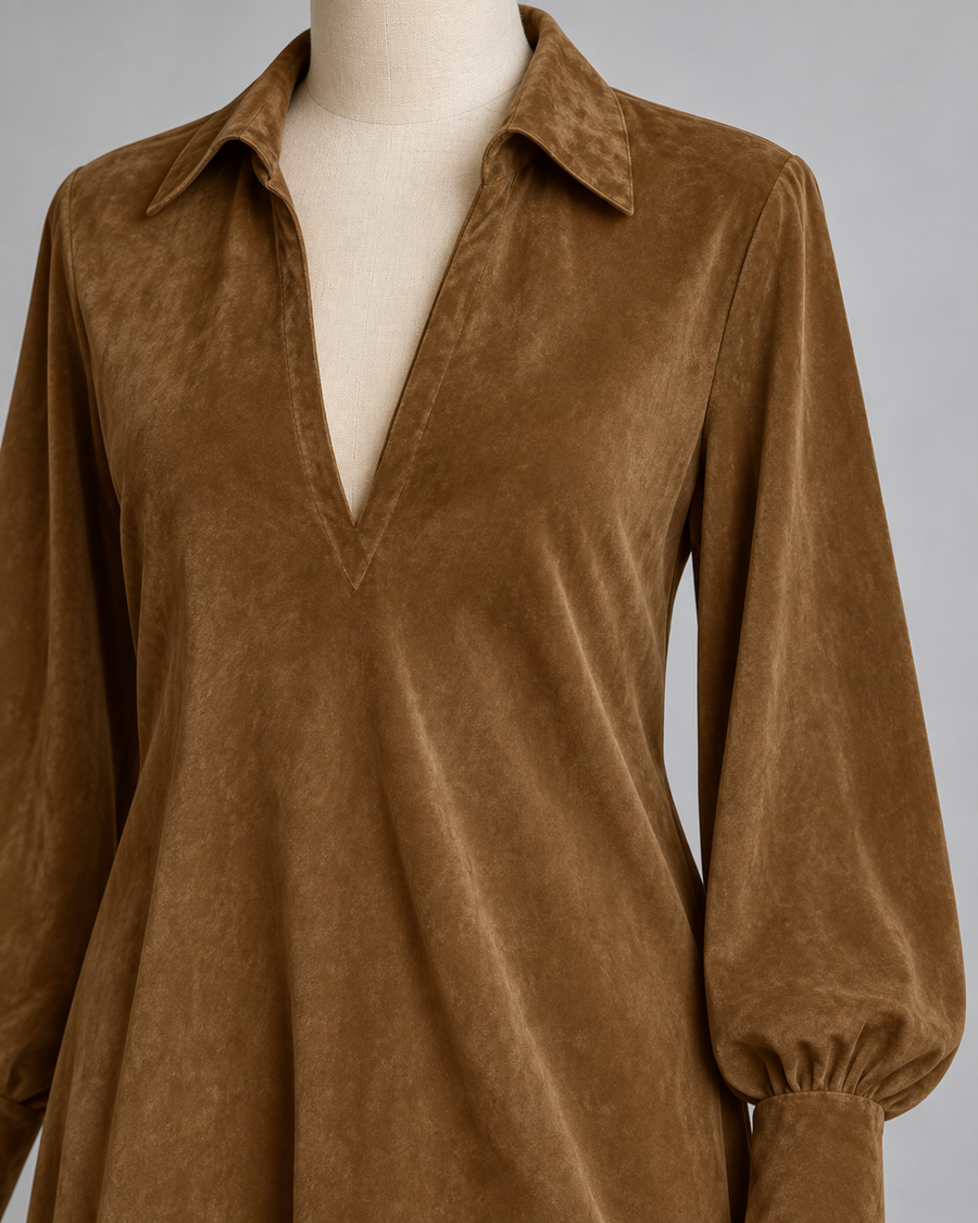 Women’s Fringed Lantern-Sleeve Dress — washed fabric appearance detail