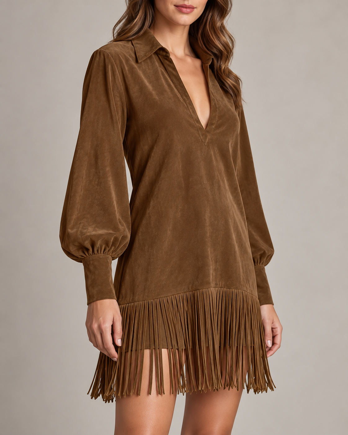 Women’s Fringed Lantern-Sleeve Dress — lantern sleeve, cuff and hem fringe detail