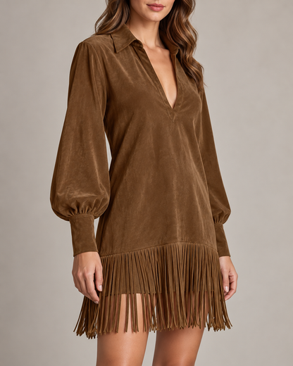 Women’s Fringed Lantern-Sleeve Dress — lantern sleeve, cuff and hem fringe detail