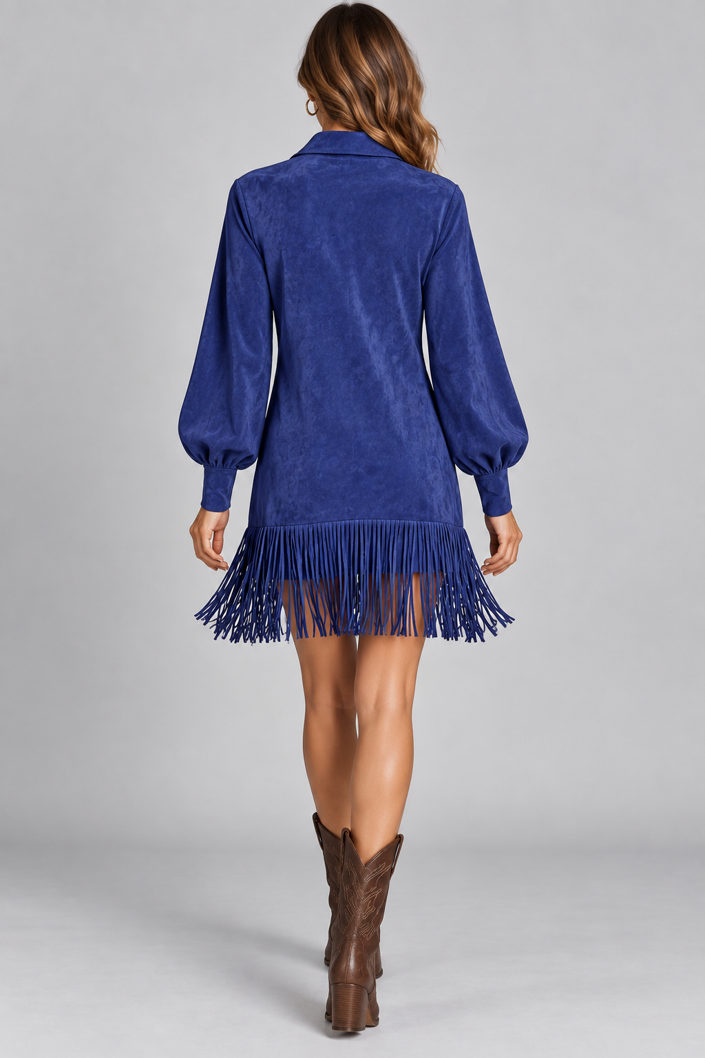 Women’s Fringed Lantern-Sleeve Dress in Navy — back studio view