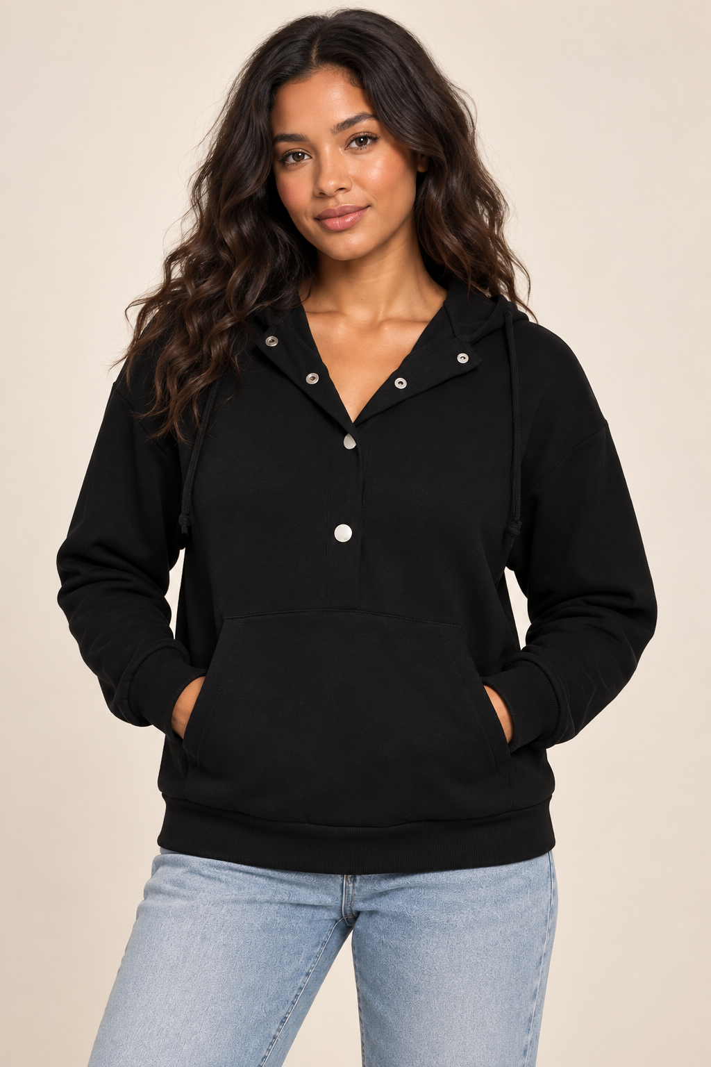 AuraX studio photo of Women's Half-Snap Hoodie with Kangaroo Pocket in Black