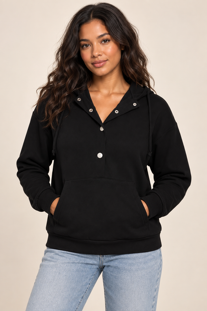 AuraX studio photo of Women's Half-Snap Hoodie with Kangaroo Pocket in Black