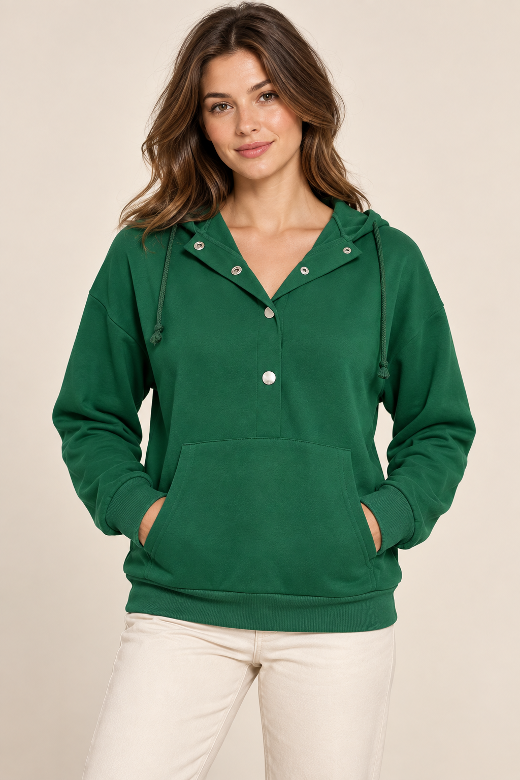 AuraX studio photo of Women's Half-Snap Hoodie with Kangaroo Pocket in Dark Green