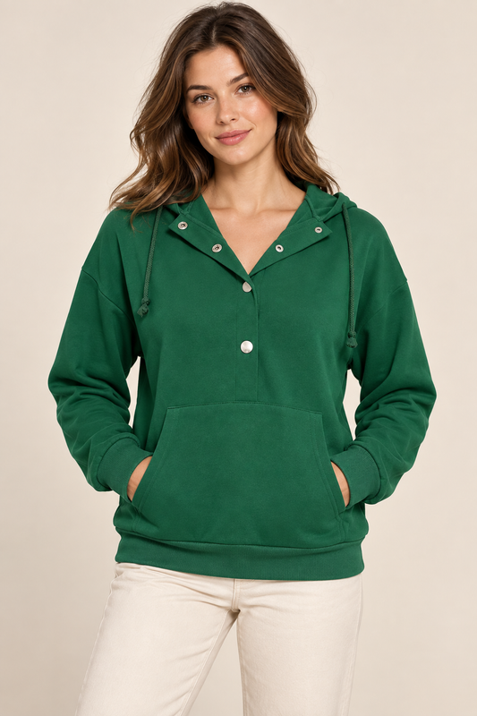 AuraX studio photo of Women's Half-Snap Hoodie with Kangaroo Pocket in Dark Green