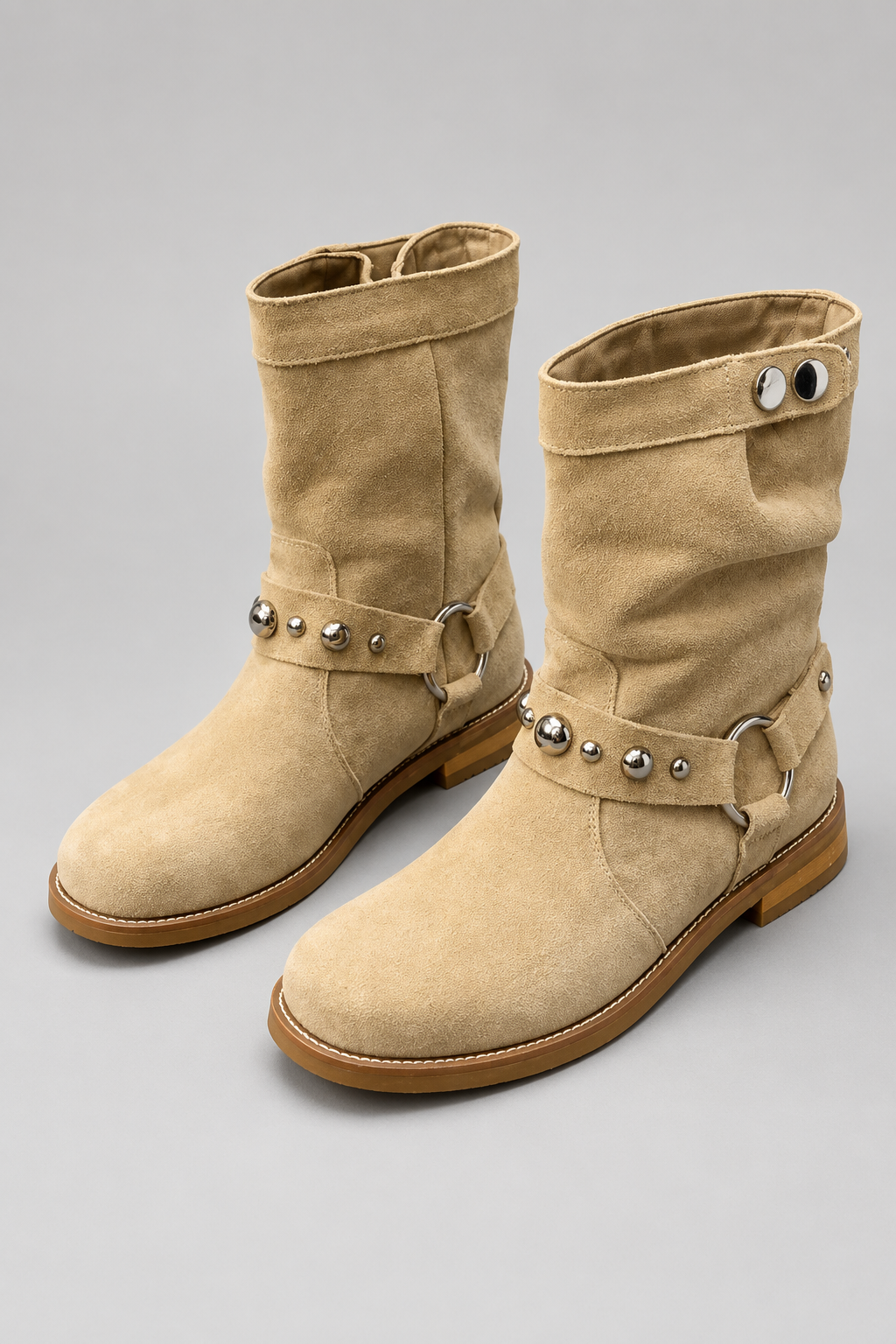 Women's Studded Harness Mid-Calf Boots — Apricot studio hero