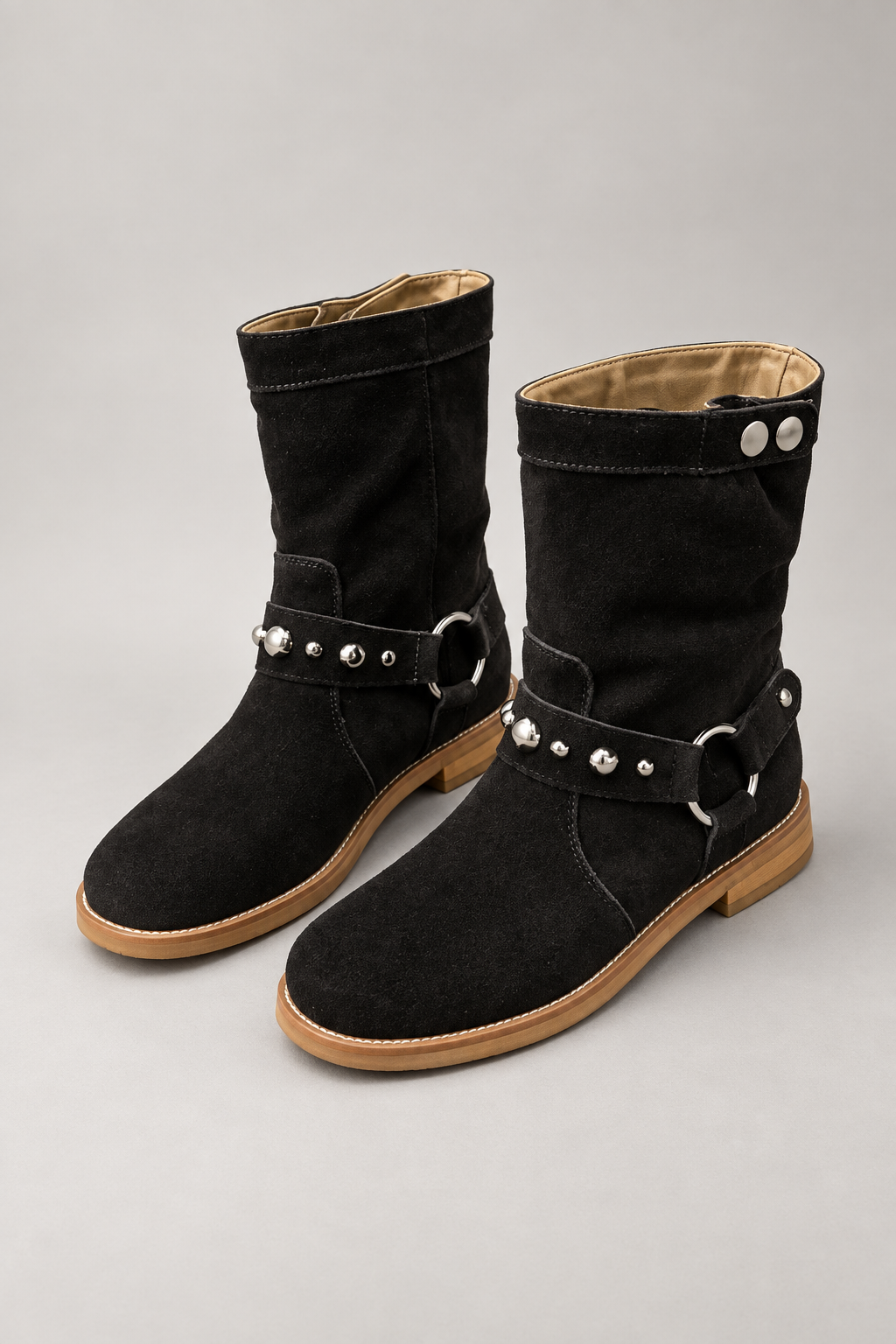 Women's Studded Harness Mid-Calf Boots — Black studio hero