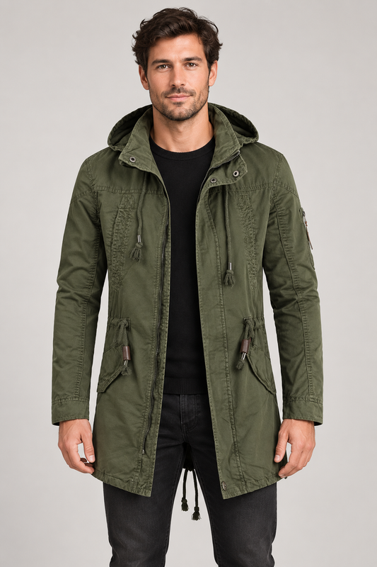 Men's Drawstring Hooded Parka — Army Green studio hero