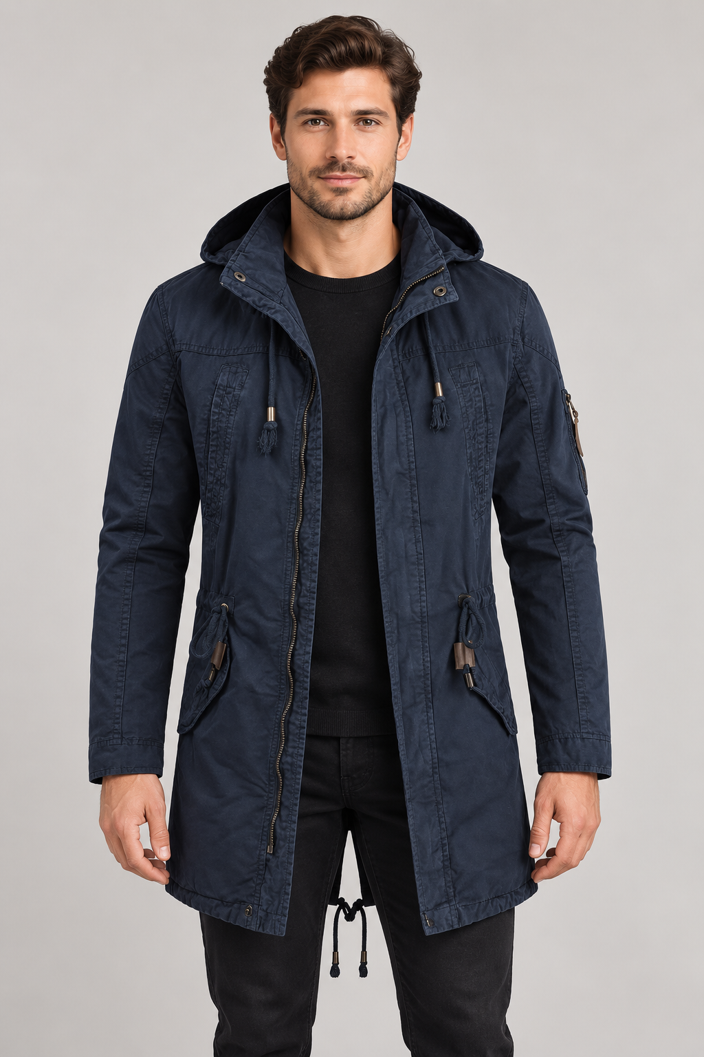 Men's Drawstring Hooded Parka — Dark Blue studio hero