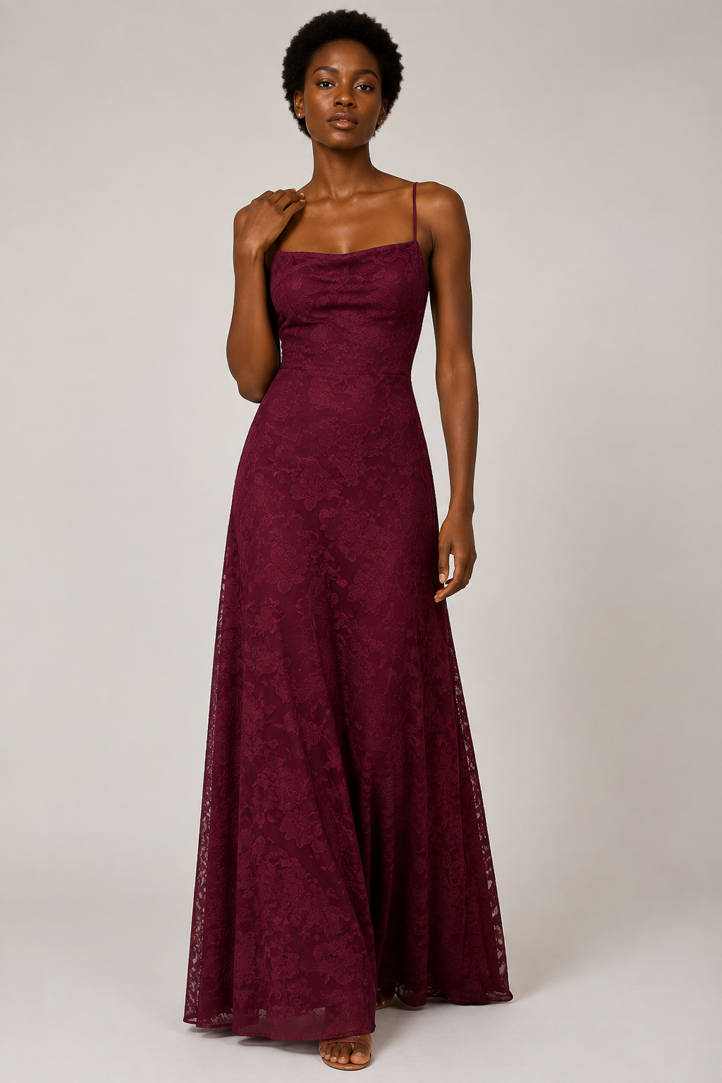 Burgundy lace A-line maxi dress — front studio view