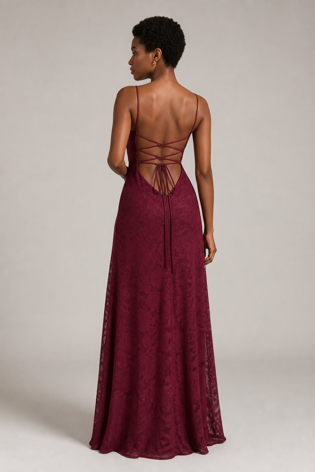 Burgundy lace A-line maxi dress — rear