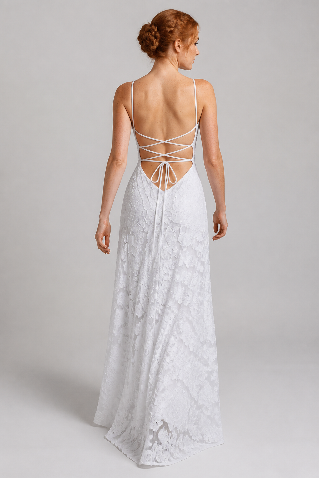 White lace A-line maxi dress — rear