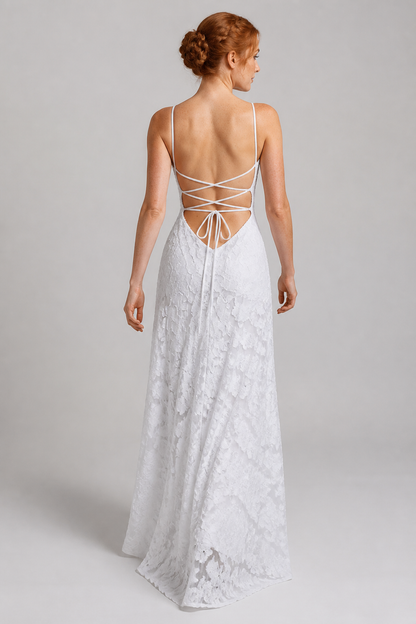 White lace A-line maxi dress — rear