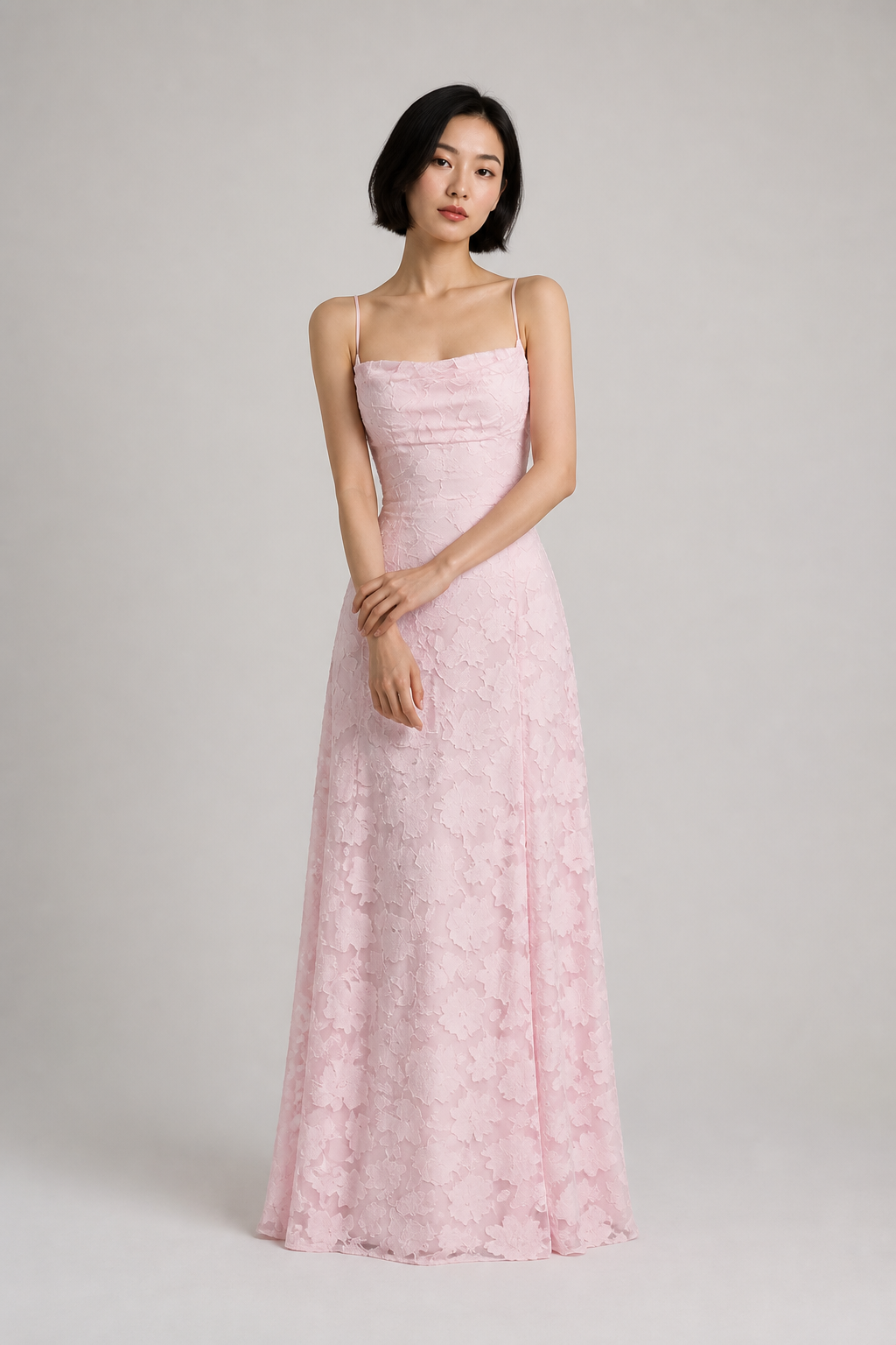 Pink lace A-line maxi dress — hero