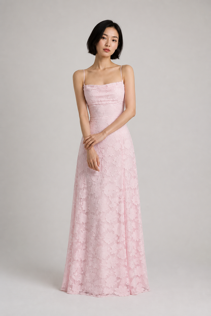 Pink lace A-line maxi dress — hero