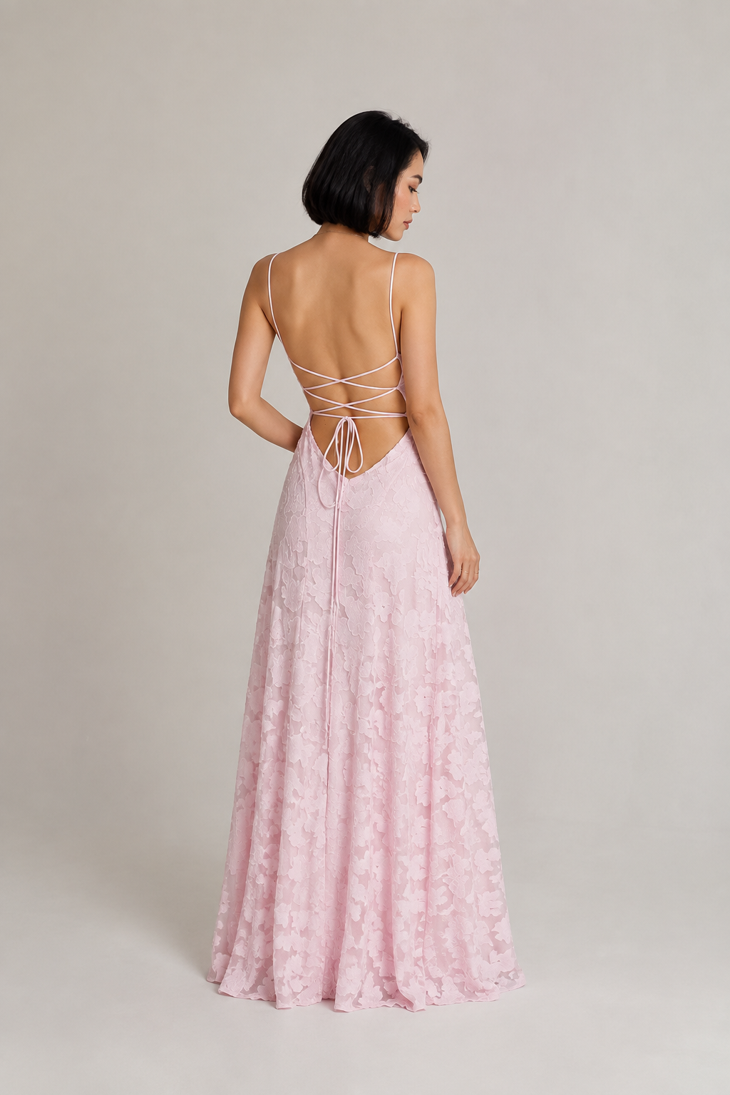 Pink lace A-line maxi dress — rear