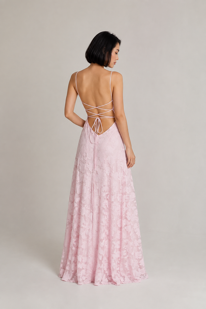 Pink lace A-line maxi dress — rear