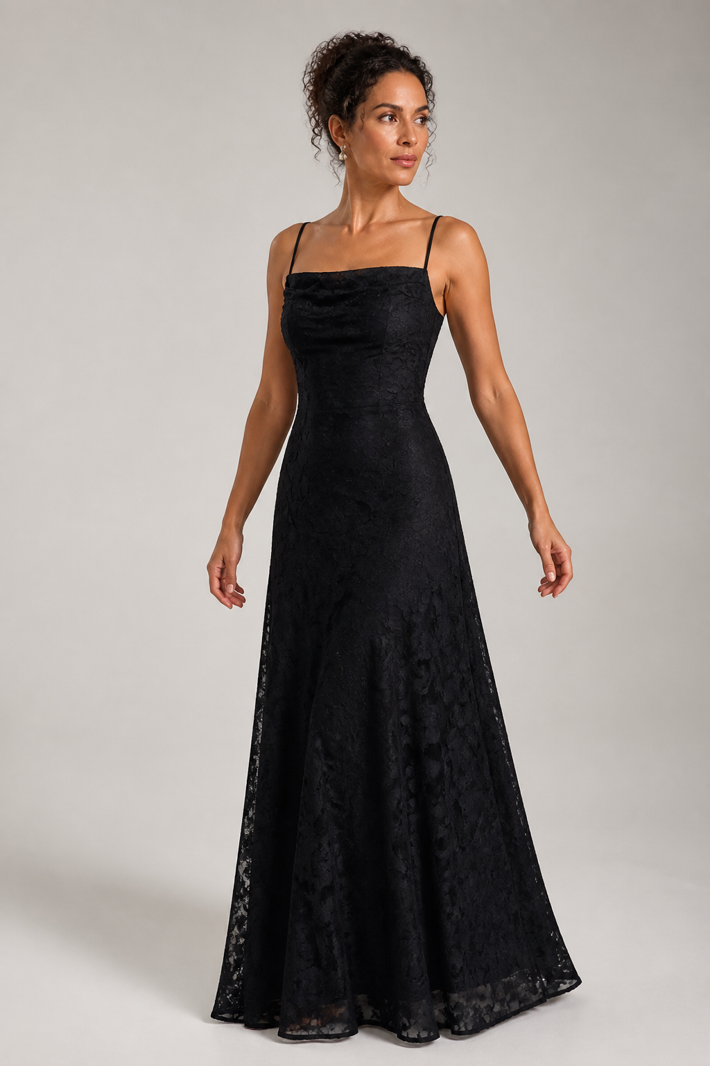Black lace A-line maxi dress — hero