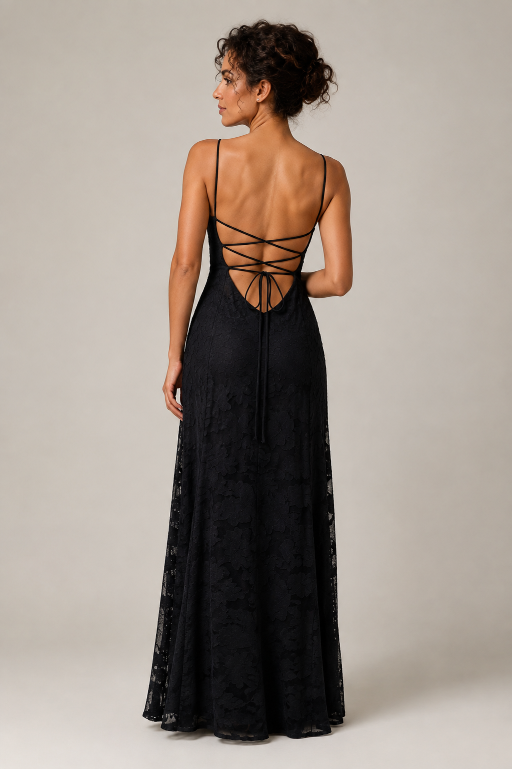 Black lace A-line maxi dress — rear