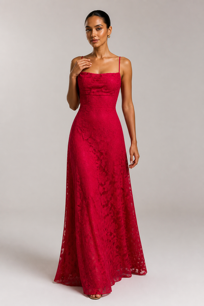 Red lace A-line maxi dress — hero