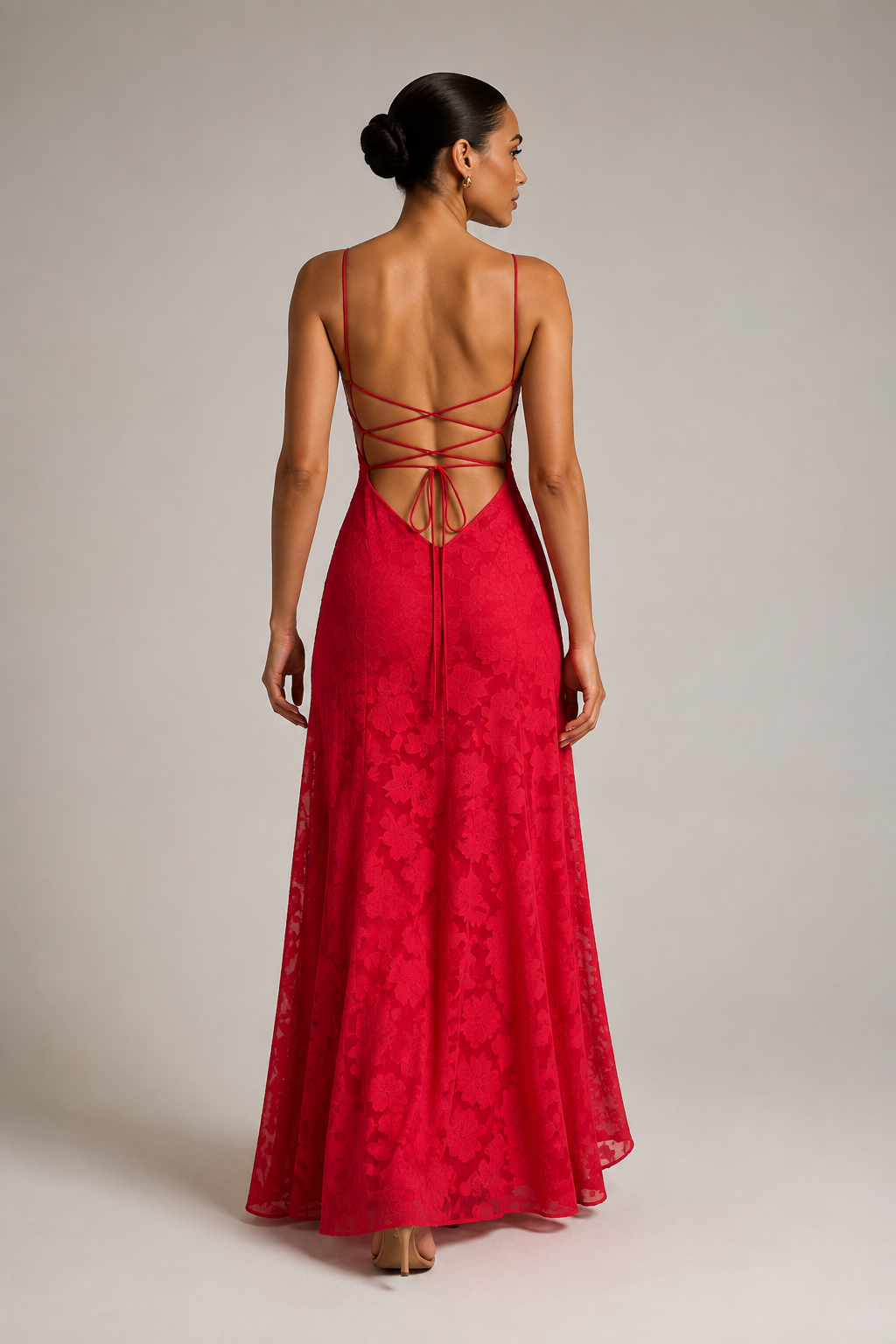 Red lace A-line maxi dress — rear