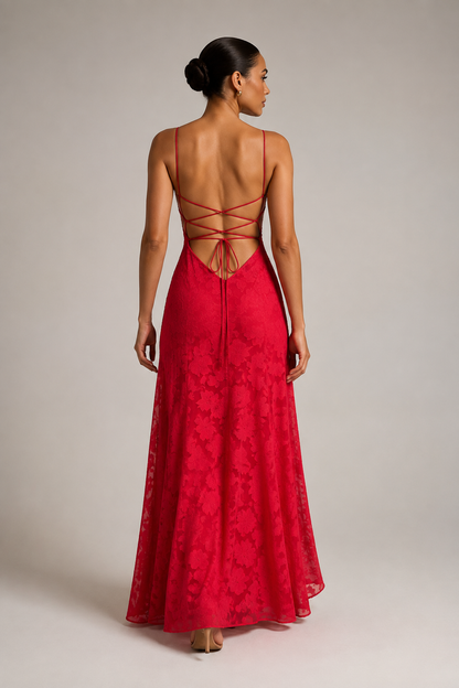 Red lace A-line maxi dress — rear