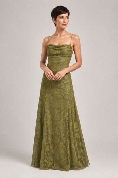 Green lace A-line maxi dress — hero