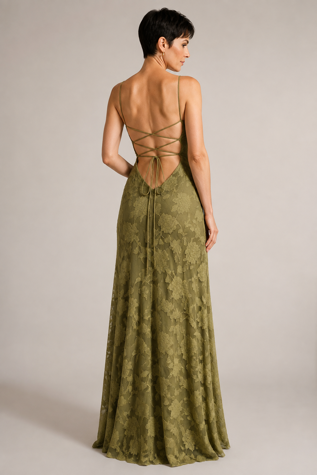 Green lace A-line maxi dress — rear