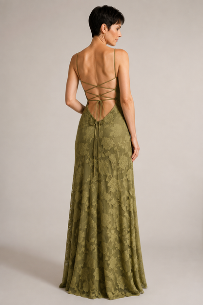 Green lace A-line maxi dress — rear