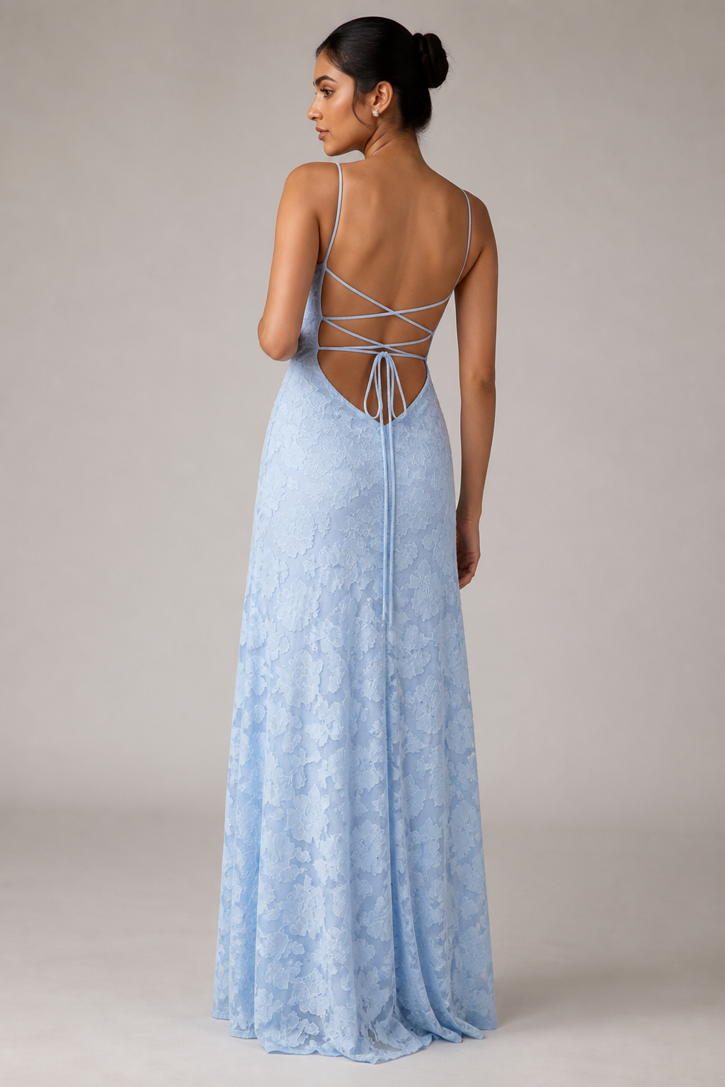 Blue lace A-line maxi dress — rear