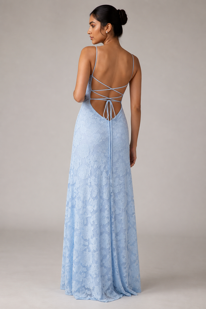 Blue lace A-line maxi dress — rear