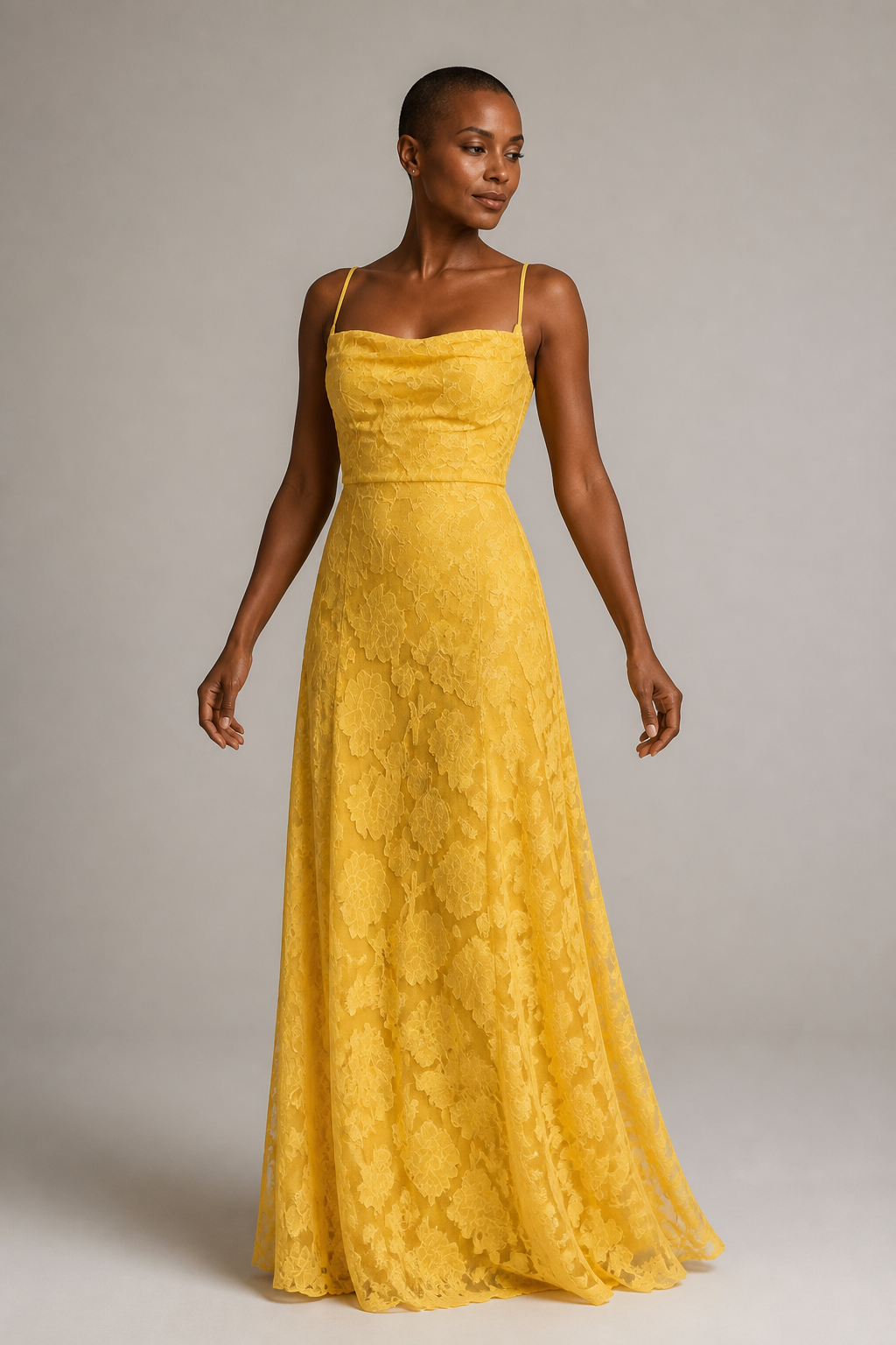 Yellow lace A-line maxi dress — hero